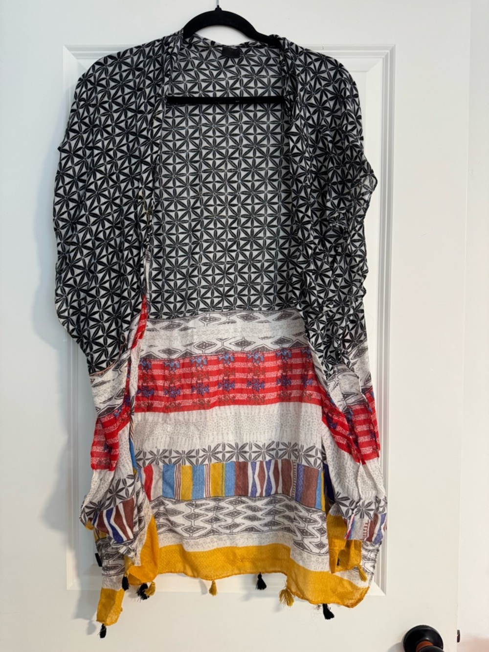 Multi-Pattern Open Front Cardigan with Colorful Hem - Picture 1 of 1